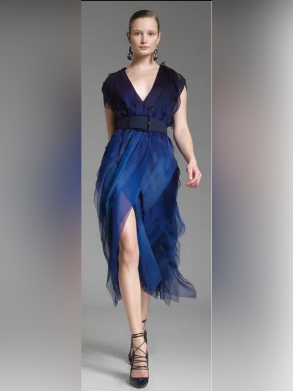 Donna Karan Dimensional Blue Layered Floating Sheer Slit Silk Dress Sz 4